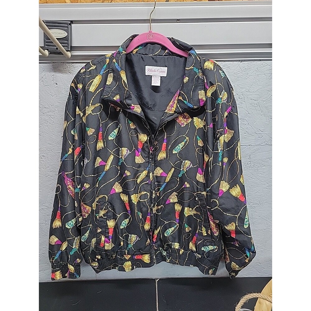 Rhonda Lynne Vtg 90’s Black Silk Gold Tassels Tracksuit Bomber Jacket XL